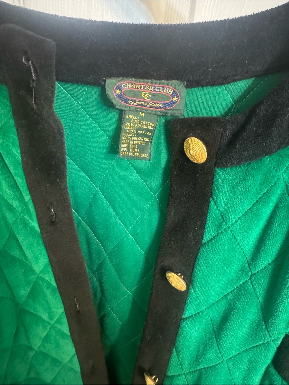 Charter Club Emerald Green Quilted Jacket with Black Trim - Picture 2 of 6